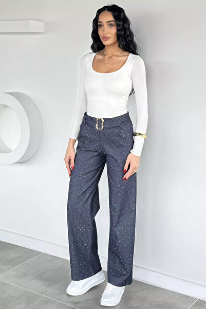 Aryena Navy Blue Women's Belt Buckle Stone Detailed Trousers