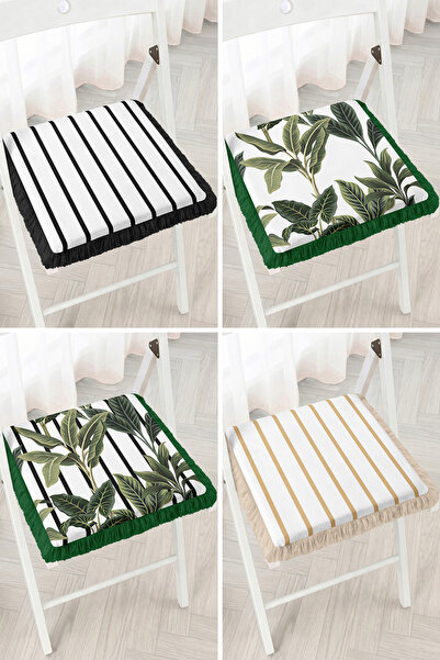 Realhomes Green Tropical Leaf and Black Striped Patterned 4-Piece Fringed Zip...
