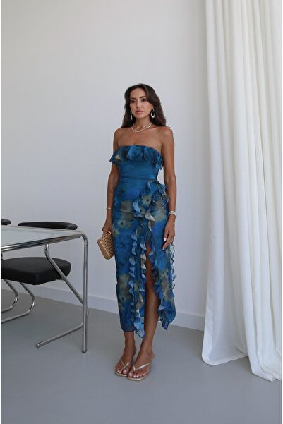 Havoş Blue Patterned Slit Ruffle Tulle Dress
