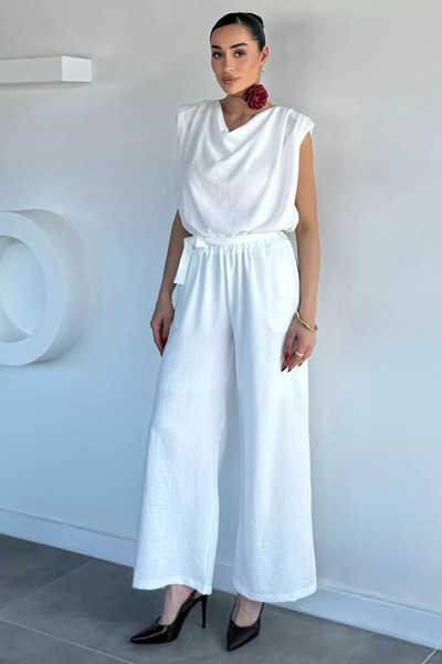 Aryena White Women's Degaje Collar Shoulder Padded Elastic Waist Jumpsuit