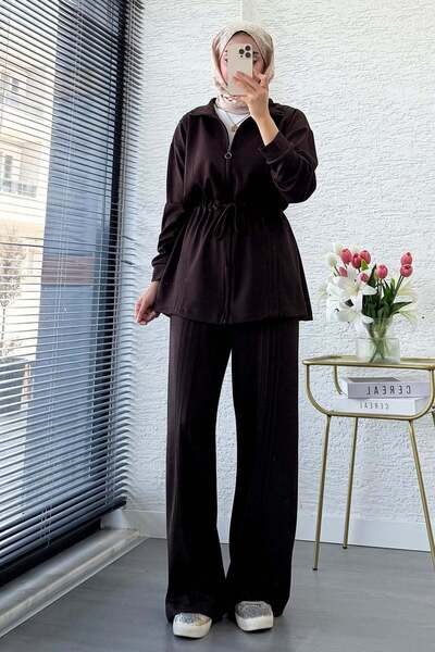 MELEK ARAZ Premium Drawstring Waist Cima Detail Double Face Trouser Set - Brown