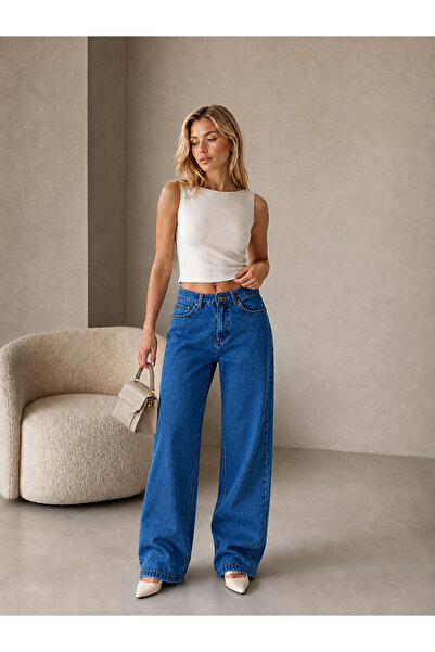 SHEVEGA Women's Blue Lycra Wide Leg Casual Jean Palazzo Denim Pants