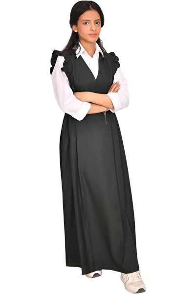 HAWRAA ABAYA مريلة كتف واسعة مكشكشة باللون الزيتوني مع حافة جانبية - مقاس متوسط