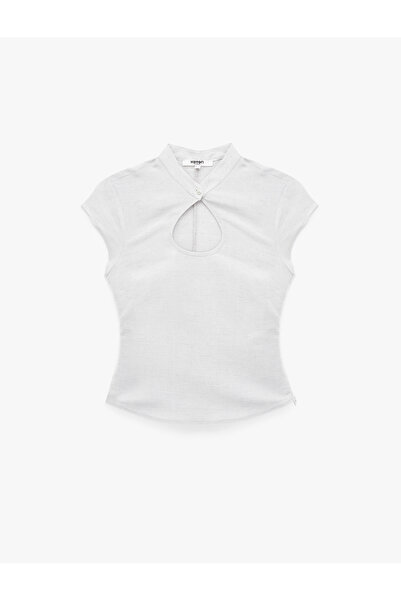 Koton Damla Pencere Detaylı Mandarin Qipao Yaka Kısa Kollu Keten Bluz