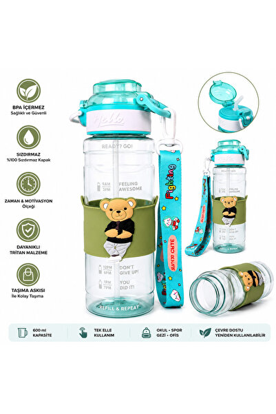 Miro Toys Ayı Teddy Temalı Çocuk Tritan Su Matarası 600 ml Pipetli Askılı Sız...