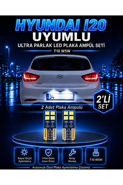 DuoLight Hyundai i20 Uyumlu T10 W5W LED Plaka Ampulü 2 Adet Ultra Parlak Beya...