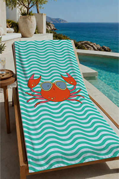 Evmila Prosop de plajă 70x150 cu model de crab portocaliu, cu dungi ondulate,...