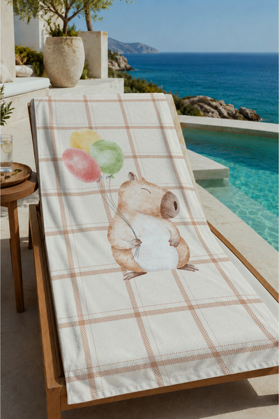 Evmila Beige Plaid Rabbit and Balloon Patterned 70X150 Beach Towel - Cotton B...
