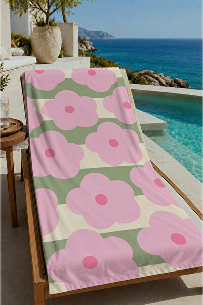 Evmila Pink Green Retro Large Floral Pattern 70X150 Beach Towel - Digital Pri...