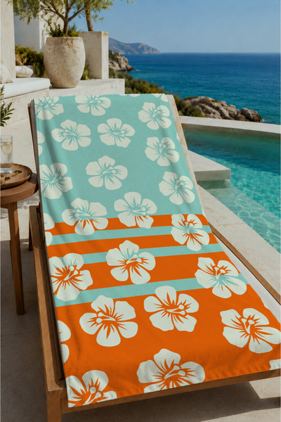 Evmila Turquoise Orange Striped Floral Patterned 70X150 Beach Towel - Digital...
