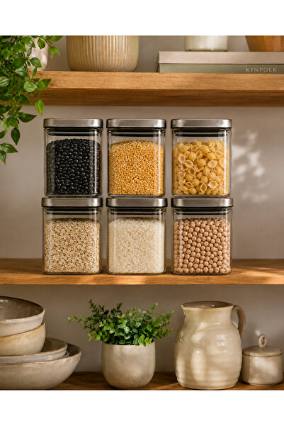 Karçiçeği Home Set of 6 1230 ml Square Borosilicate Glass Jars with Vacuum St...