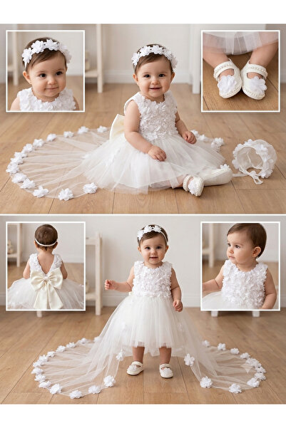 GOLD TEKSTİL White Girl Child Baby Girl Wedding Dress Dress Veil