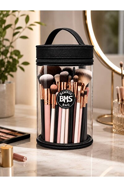Bambus Silindir Makyaj Fırça Düzenleyici Çok Amaçlı Pvc Seyahat Kozmetik Makyaj Çantası Organizer