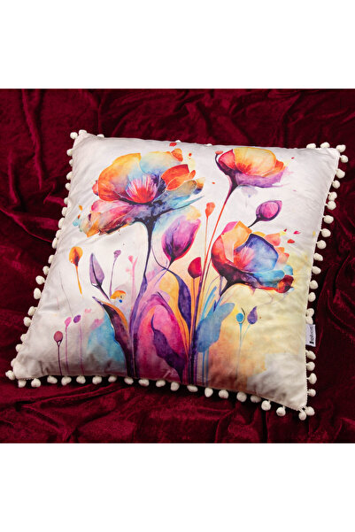 Suluboya Çiçek Desenli Ponponlu Dekoratif Kırlent Kılıfı 45x45 cm Modern Yastık Kılıfı