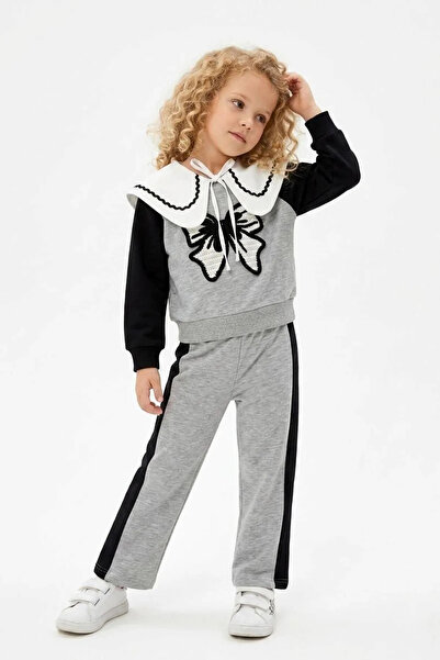 Minigimin Cicileri 3-Piece Girls' Set with Bow Embroidered Collar - Gray