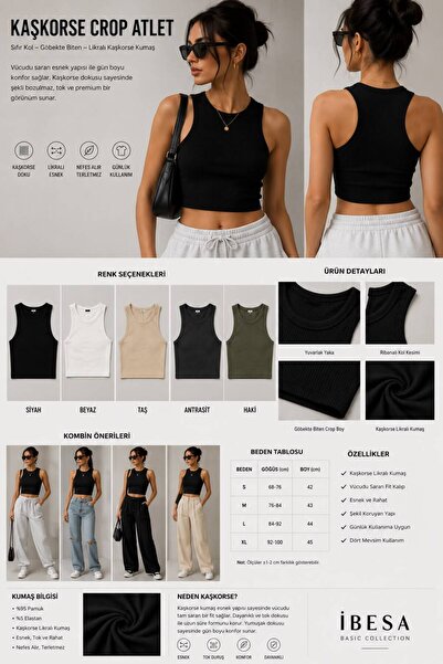 İBESA Kadın 3’lü Paket Likralı Kaşkorse Crop Atlet Sıfır Kol Esnek Basic Crop