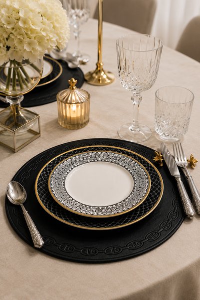 Evien Home Embroidered Leather American Service Set of 2 Double-Sided Round Placemats 38X38 cm Raya Black