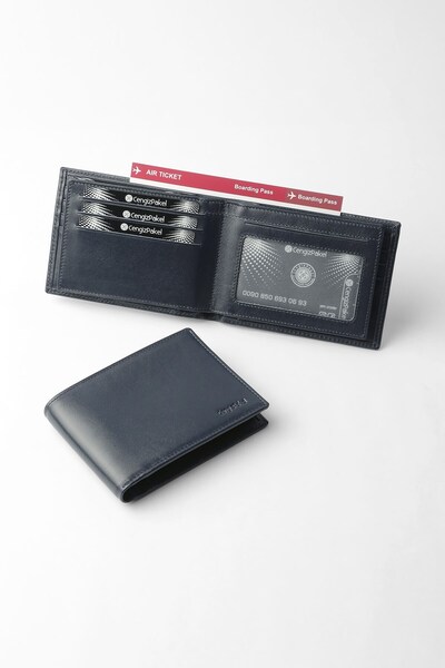 CENGİZ PAKEL Genuine leather horizontal multi-card holder men's wallet navy b...