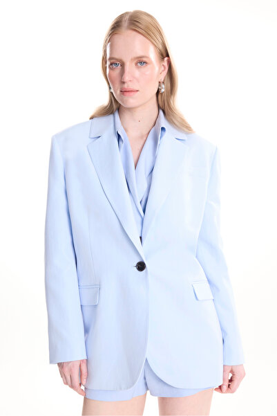 Ted Baker Açık Mavi Keten Karışımlı Oversize Mono Kapama Blazer