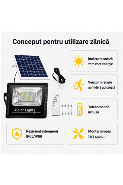 OEM Proiector solar LED 100W, panou separat, telecomandă - set 3 buc