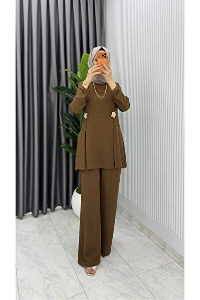 BETES Women's Hijab Brown Tunic Trousers Two-Piece Suit