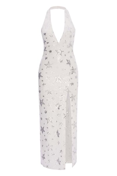 Sandshaped Andromeda Yıldız Desenli Payetli Halter Abiye Elbise Beyaz
