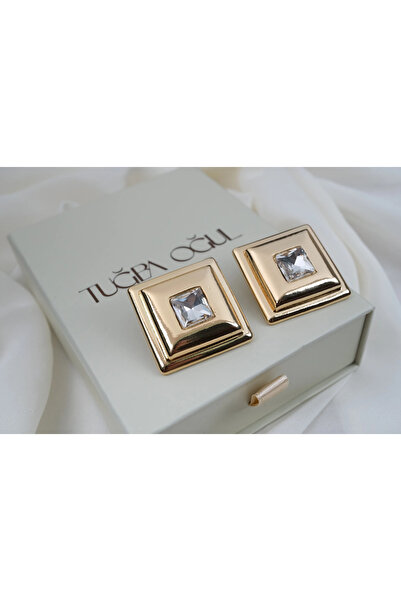 ATELİER TUĞBA Kp671 Square Zircon Stone Gold Earrings (30 mm)