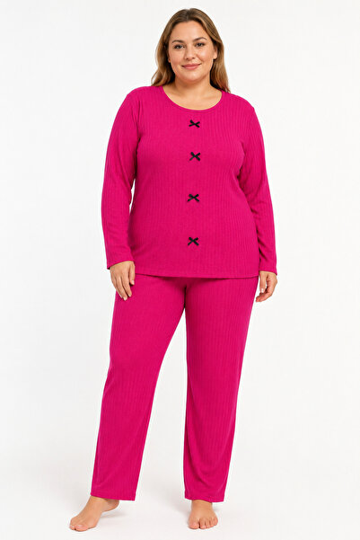 FAMES PİJAMA Plus Size Camisole Seasonal Dark Pink Pajama Set