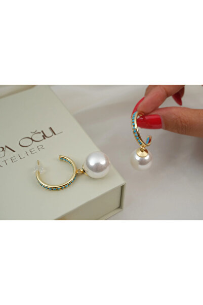 ATELİER TUĞBA Kp735 Turquoise Stone Pearl Hanging Hoop Earrings (Length 45 mm)