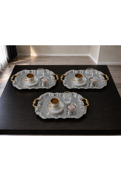 Aslı Hediyelik Luxury 3-Handle Silver Royal Model Stainless Steel Serving, Pr...