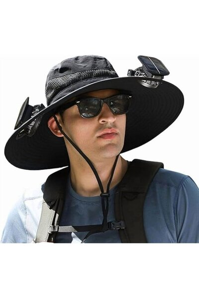 STARSTAR Solar fan hat black dual fans USB rechargeable wide brim.