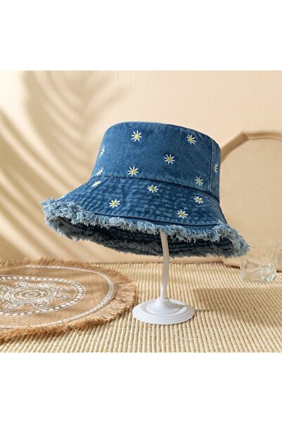 STARSTAR Women's denim bucket hat daisy embroidery dark blue foldable UV.