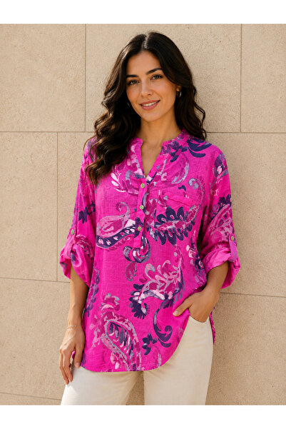 AGORATEKSTİL Women's Original Italian Cotton Fabric 3 Buttons Patterned Shirt...