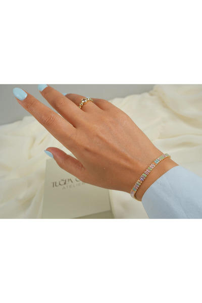 ATELİER TUĞBA Blk619 Colorful Baguette Stone Waterway Bracelet 4 mm (16 cm + ...