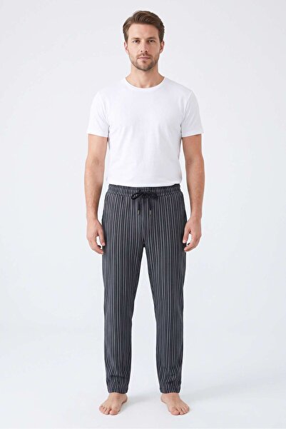 OBJE Men's Anthracite Pinstripe Printed Combed Cotton Modal Pajama Bottoms
