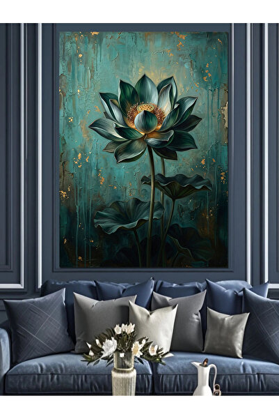 Artmeg Pânză decorativă cu lotus negru pe fundal turcoaz - Tablou din lemn MDF