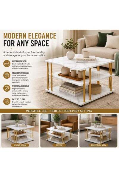DubaiGallery Luxury 3-Layer Marble Top Coffee Table 60×60×43 CM with Stylish ...