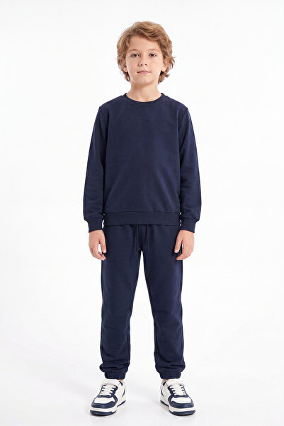 FYK KİDS Boy's Plain Crew Neck Double Pocket Tracksuit Set