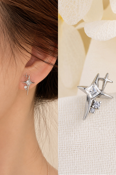 TREND COLLECTİON Women's Silver Color Star Figured Zircon Stone Pinterest Ear...