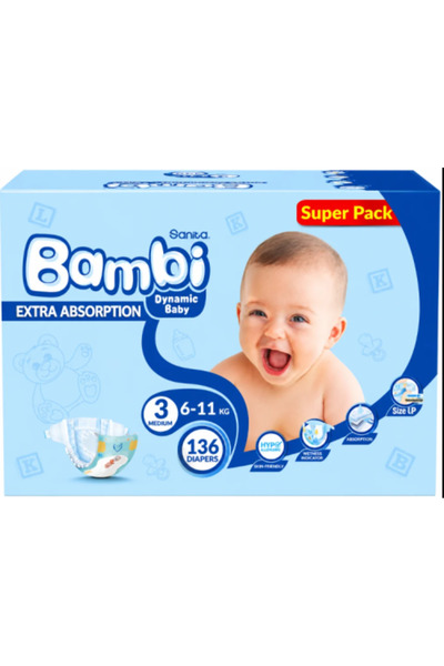 Sanita Bambi Giant Box, Size 3, Super Medium - 136 Diapers