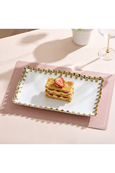 Malooki Rectangular porcelain serving tray, gold lace border, 35 x 21 cm