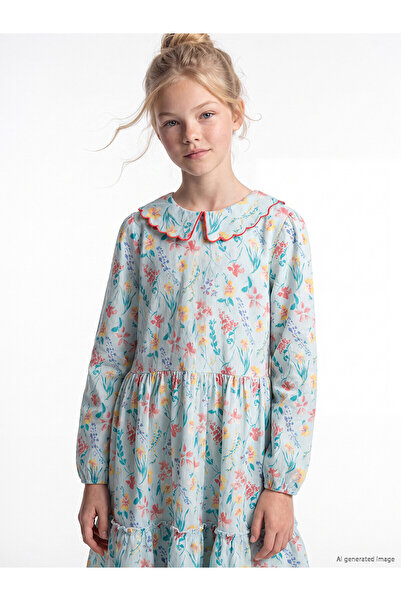 LC Waikiki Trendlucky Farkıyla Bebe Collar Floral Girl's Poplin Dress