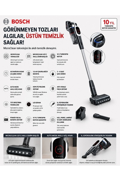 Bosch MicroClean Akıllı Toz Algılama Teknolojisi, 60 Dakika Çalışma Süresi, Ç...