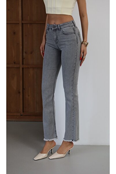 Moda Days Pantaloni de damă GRI cu talie înaltă, evazați, cu ciucuri la picio...