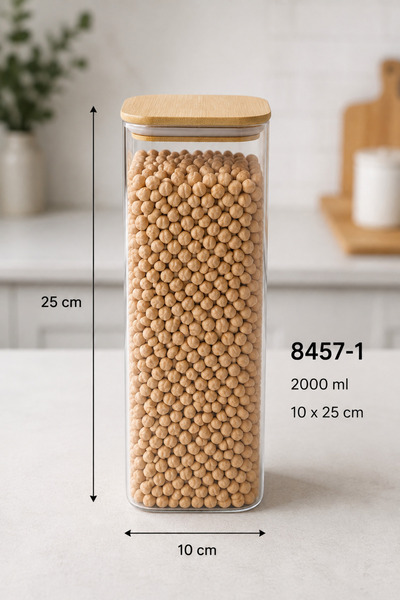 Karçiçeği Home 12’li 2000 ml Kare Borosilikat Cam Kavanoz Seti – Bambu Kapaklı Vakumlu - 8457-1