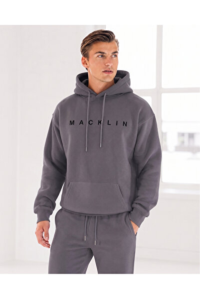 macklin Unisex Women's Men's Front Middle Printed Oversize 3 Thread Hooded Tr...