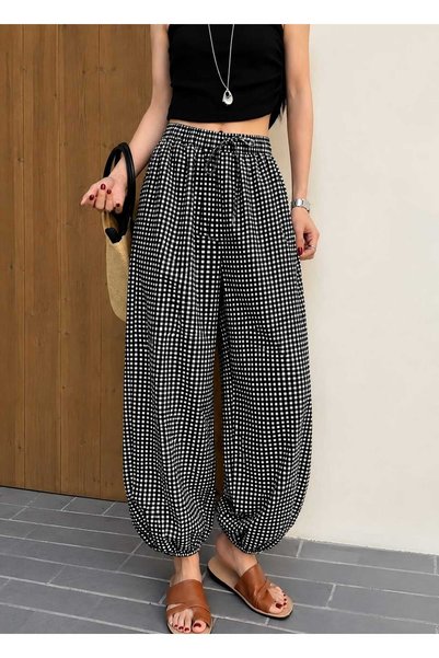 micia Women's Black Plaid Patterned Comfortable Fit Loose Trousers