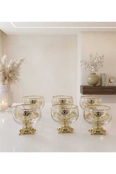 Buldem 6-Piece Luxury Glass Footed Presentation Bowl - Gold Detailed Decal Tr...