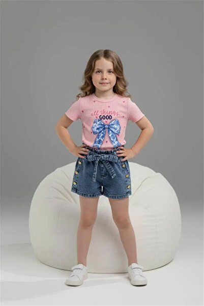 LUFFY KİDS Printed Girls' T-Shirt and Denim Shorts Set - 6670