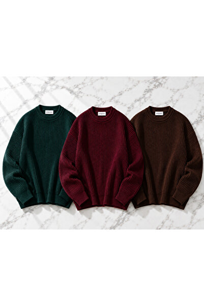 DepoExport Women's 3-Piece Crew Neck Oversize Knitwear Sweater Soft Knitted S...
